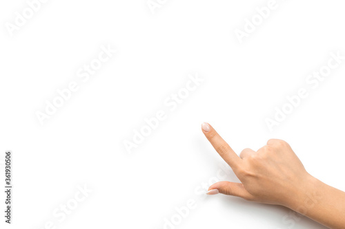 Hand isolated holding. Female arm gesture. Woman hand isolated on white background with clipping path.