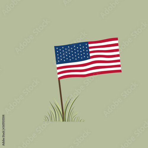 Vector illustration 4th of July independence day greeting card with American flag in vintage style thrust into the ground on field with grass