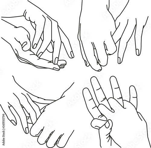 Vector set : linear sketches of male and female holding hands ful of tenderness and love. Line art elements for design cards, posters, illustrations, embroidery .