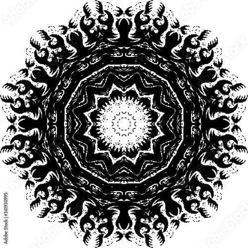 Halftone ornament, monochrome pattern. Drawing vintage style. Grunge texture. Festive vintage drawing. Abstract art background. Modern symmetric pattern. Festive art backdrop. Creative vector element