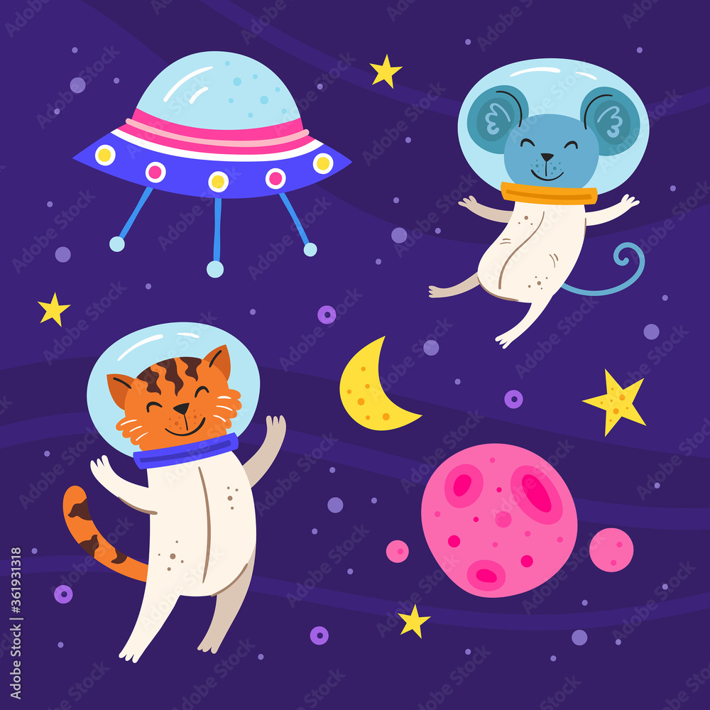 Space vector flat illustration, set of elements, stickers, icons. Isolated on background. Tiger, mouse in space suit, star, moon, planet. ufo ship. Galaxy, science. Futuristic. Card making.
