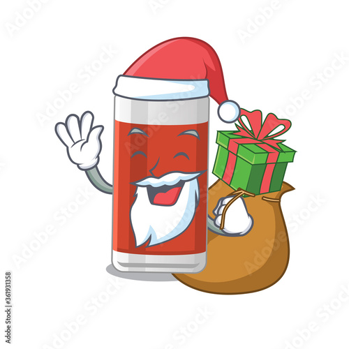 Cartoon design of glass of apple juice Santa having Christmas gift