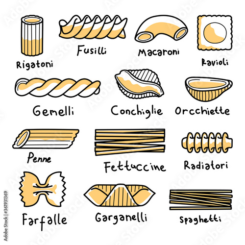 Pasta collection in line doodle illustration
