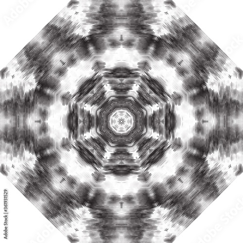 Halftone ornament, monochrome pattern. Drawing vintage style. Grunge texture. Festive vintage drawing. Abstract art background. Modern symmetric pattern. Festive art backdrop. Creative vector element