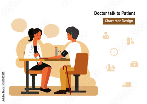 female doctor talk to old man cartoon character design © IMM STUDIO