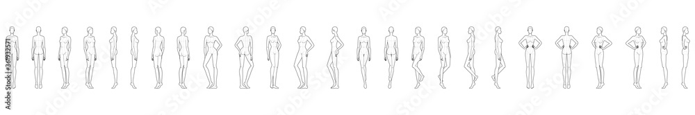 Fashion template of 25 women in different poses. 9 head size for technical drawing. Lady figure front, side, 3-4 and back view. Vector girls for fashion sketching and illustration. Fashion template of 25 women in different poses. 9 head size for technical drawing. Lady figure front, side, 3-4 and back view. Vector girls for fashion sketching and illustration.