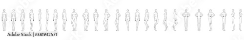 Fashion template of 25 women in different poses. 9 head size for technical drawing. Lady figure front, side, 3-4 and back view. Vector girls for fashion sketching and illustration.