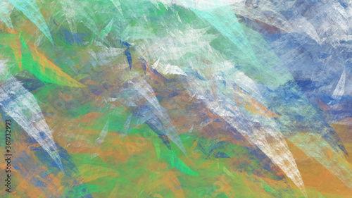 Abstract green and orange chaotic painted shapes. Fantasy geometric fractal background. Digital art. 3d rendering.