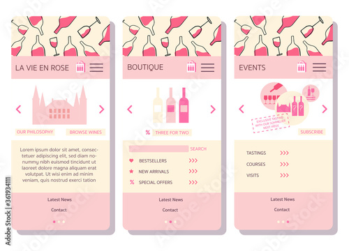 UI UX template for mobile device -wine shop or wine merchant selling rose wine in soft pink, beige and white colors, with multiple logos, icons and hand drawn brand identity - flat vector illustration