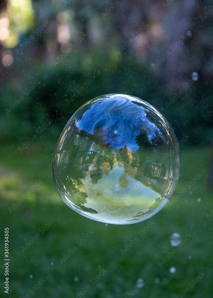 Extra large soap bubble popping with a green yard background Extra large soap bubble popping with a green yard background