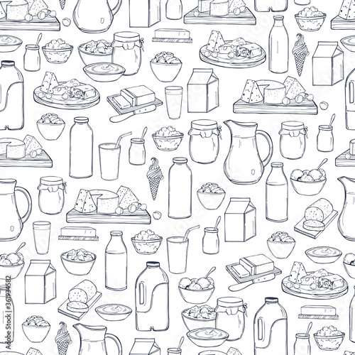  Milk food. Butter, cheese, sour cream, yogurt and cream on a white background. Vector seamless pattern.