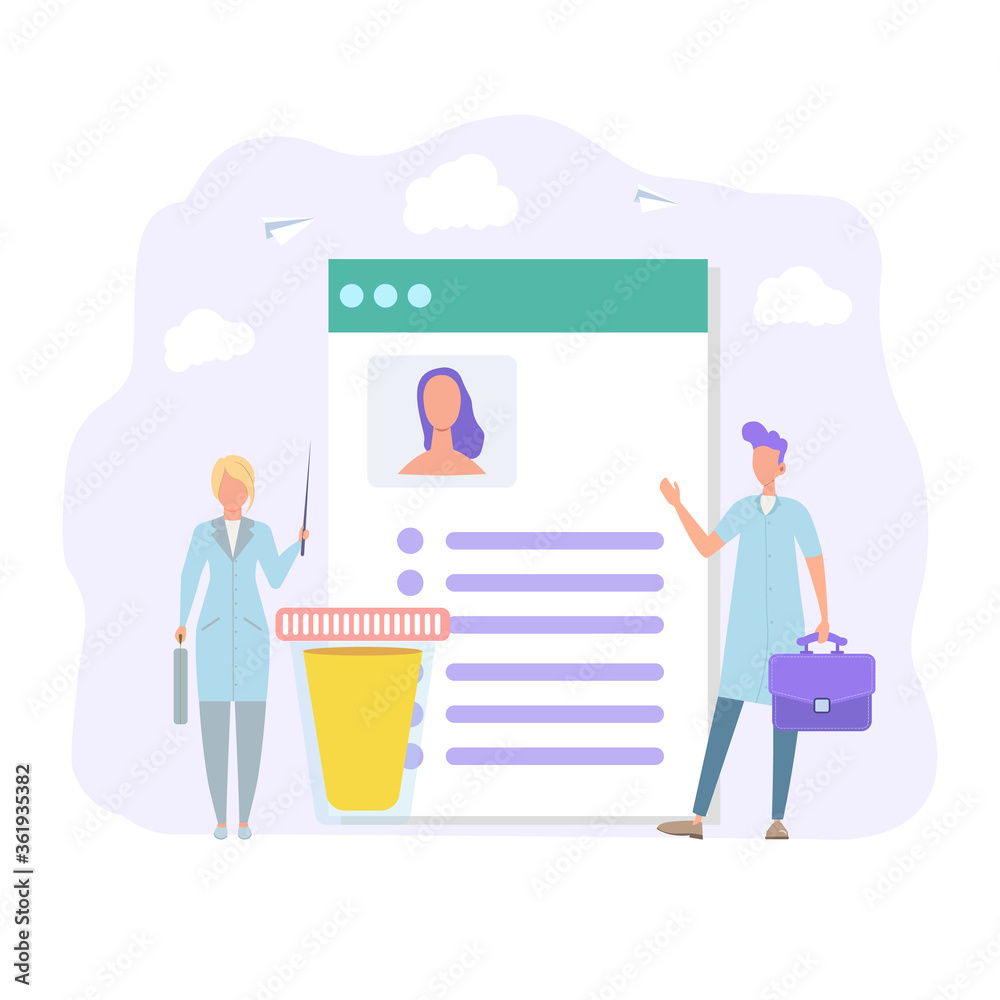 Workers hold biological markers. Clinical laboratory analysis. Medical examination. Urinalysis, blood test. Colorful vector illustration. Workers hold biological markers. Clinical laboratory analysis. Medical examination. Urinalysis, blood test. Colorful vector illustration.