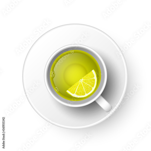 Realistic 3d cup of hot aromatic freshly brewed drink green tea with lemon. A teacup top view isolated on white background. Vector illustration for web, design, menu, app