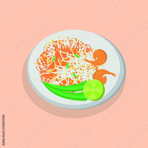 Delicious Thai food noodle (Pad Thai) on white background.Hand draw sketch vector.