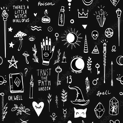 Magic doodle sketch. Witchcraft icons. Line vector seamless design. Chalk outline on black board background. Cute fantasy wizard poison, book, mystic things. Mushroom, witch hat, magic wand, stick