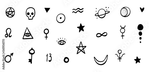 Occult doodle symbols. Abstract magic symbol set.