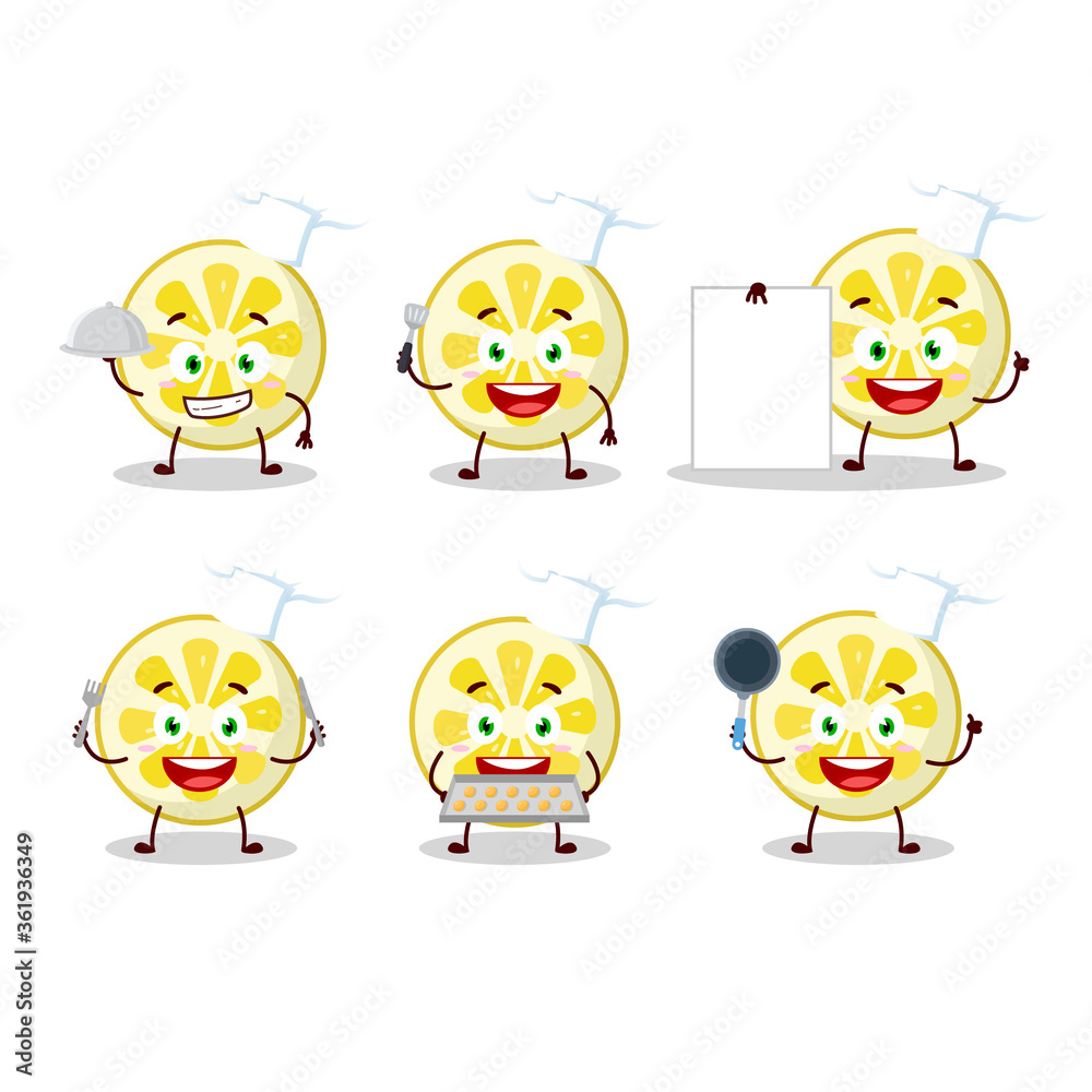 Cartoon character of lemon slice with various chef emoticons Cartoon character of lemon slice with various chef emoticons