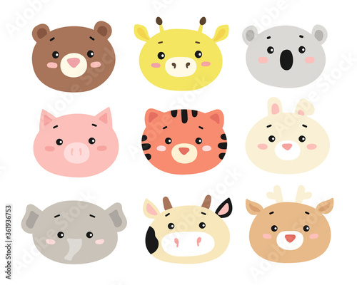 Set of funny colorful animal faces, such as bear, giraffe, koala, pig, tiger, bunny, elephant, cow, deer. Vector illustration. Isolated on white background. For design,web,graphic.