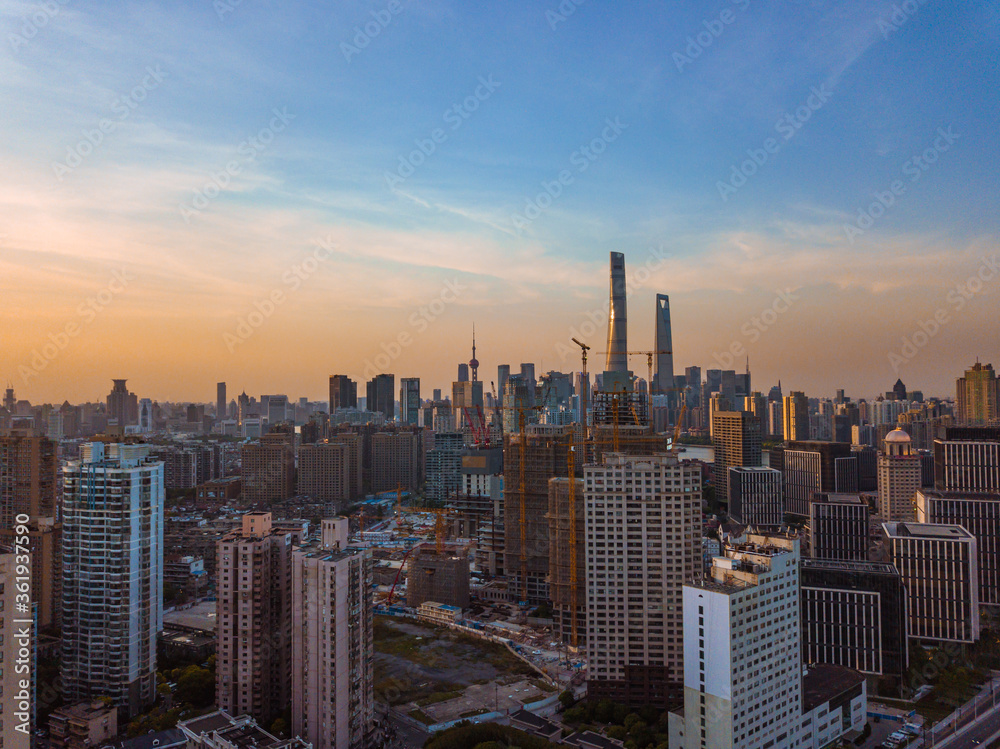 Aerial view of the skyline in Shanghai, China, shot at sunset.