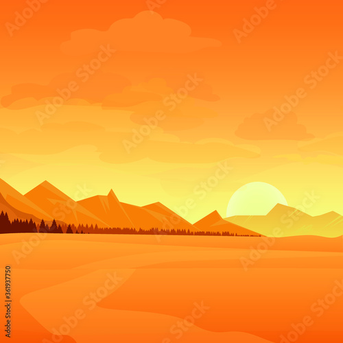 A desert with the sun  views of the mountains and forests  scorching sand. Vector