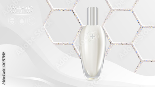 Beauty product ad design, white cosmetic container with collagen solution advertising background ready to use, luxury skin care banner, illustration vector.