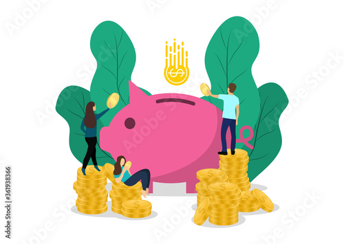 Piggy bank concept with characters. Save Money. Business investment. Vector flat style.