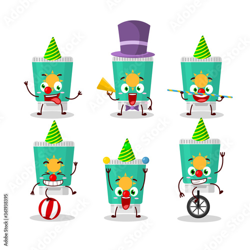 Cartoon character of sunblock with various circus shows