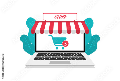 Modern online store in laptop. Online shopping. Flat style. For web sites and app.