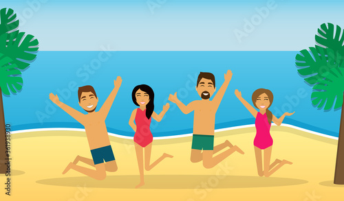 Happy people jump on a beach. Summer holidays. People in swimsuits. Beach party. Poster, banner.