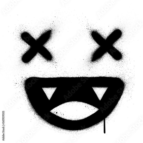 graffiti smiling crazy icon sprayed in black over white