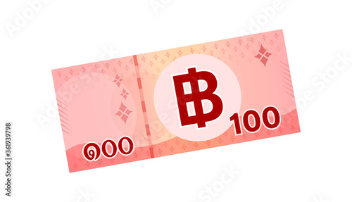 money 100 baht banknote thai, one hundred currency THB type, bank note money thailand baht for business and finance icon, paper money thai isolated on white