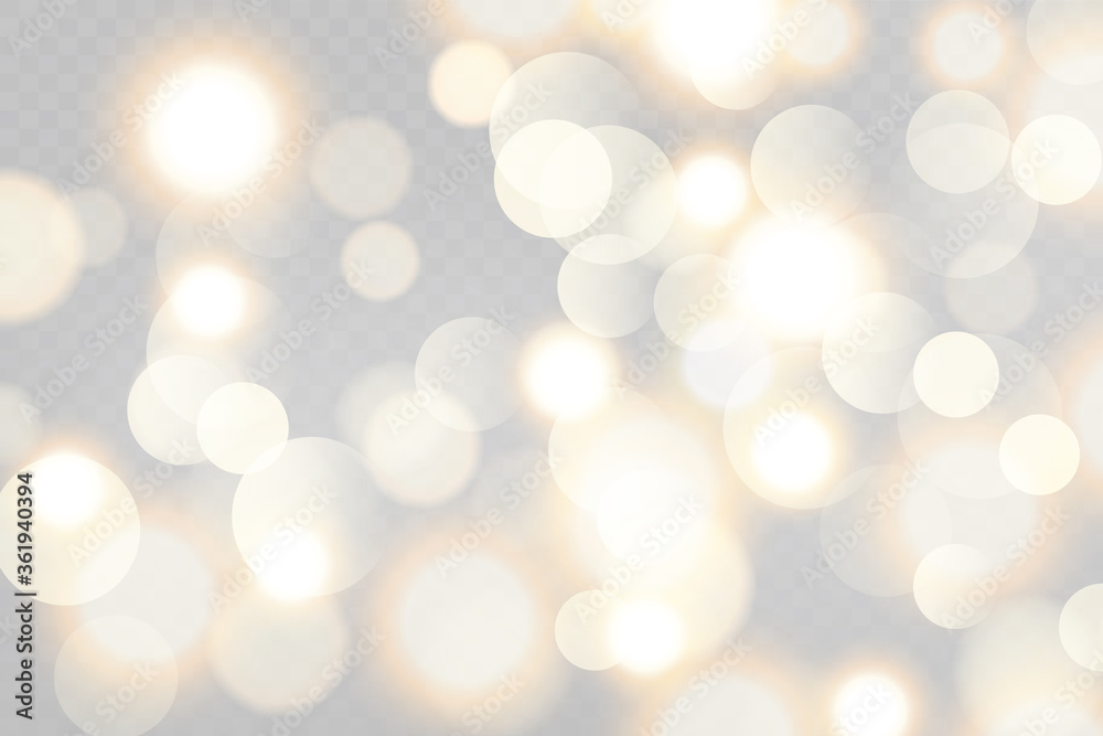 Light abstract glowing bokeh lights. Bokeh lights effect isolated on transparent background. Festive purple and golden luminous background. 