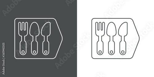 Concepto restaurante. Icono plano lineal cubiertos con mango en flecha cuadrada en fondo gris y fondo blanco