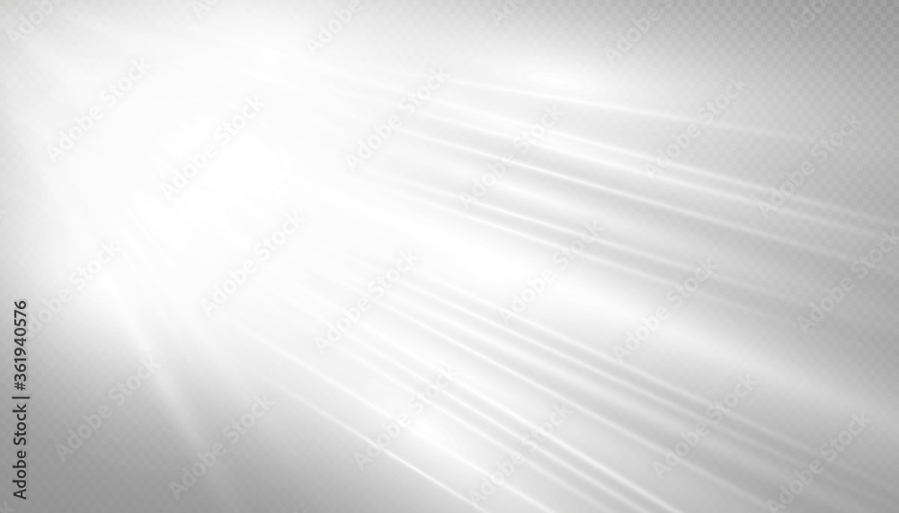 Vector transparent sunlight special lens flash light effect.front sun lens flash. Vector blur in the light of radiance. Element of decor. Horizontal stellar rays and searchlight. 