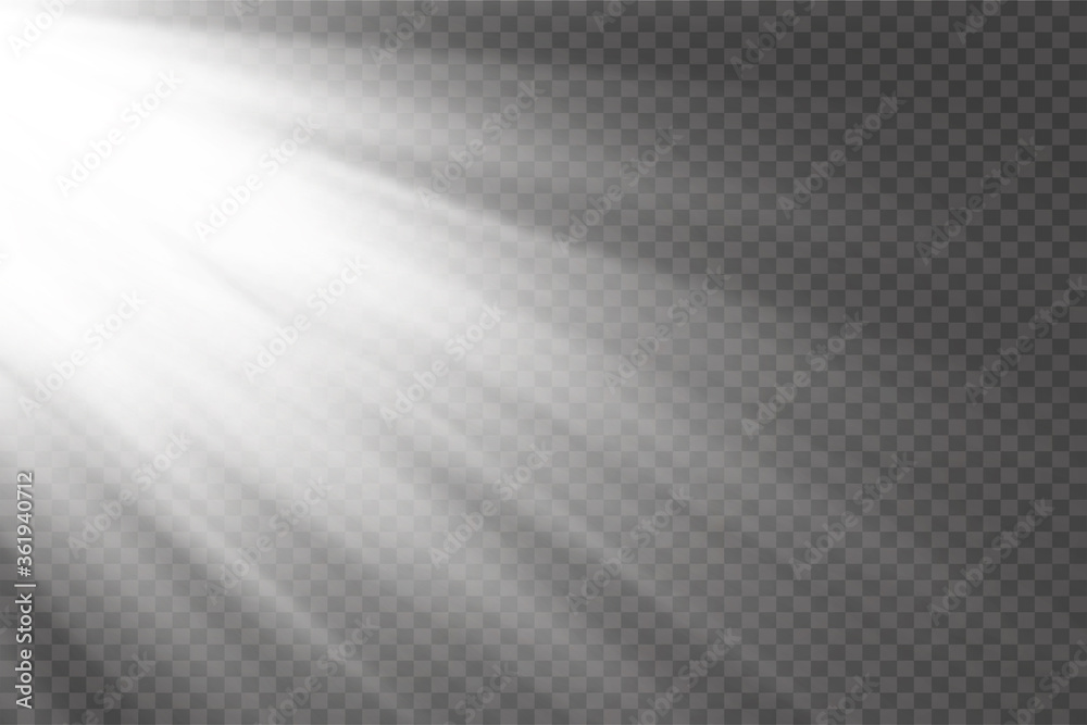 Vector transparent sunlight special lens flash light effect.front sun lens flash. Vector blur in the light of radiance. Element of decor. Horizontal stellar rays and searchlight.