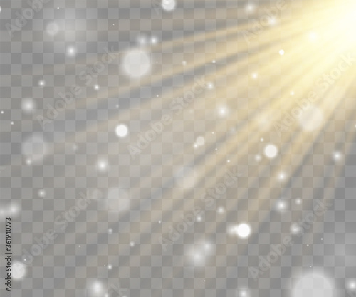 Vector transparent sunlight special lens flash light effect.front sun lens flash. Vector blur in the light of radiance. Element of decor. Horizontal stellar rays and searchlight. 