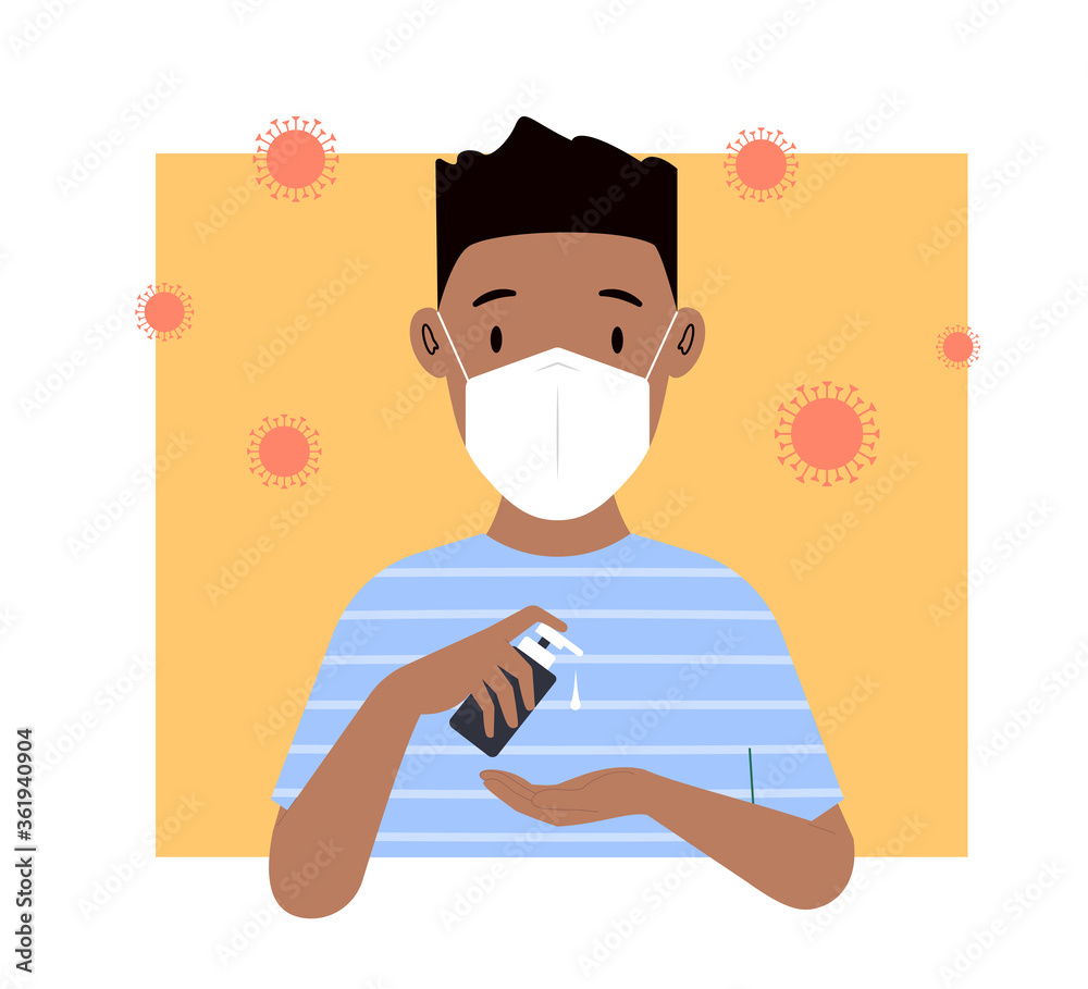Man washes his hands. Young man in a medical mask uses an antiseptic. Vector illustration