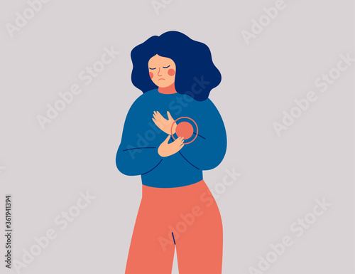 Sad woman has pain or discomfort in hand. Young female person suffered an injury to her wrist. Healthcare Concept. Vector illustration