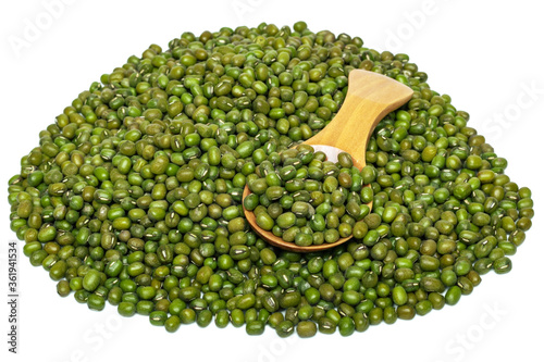 A heap of Mung bean with wooden spoon photo