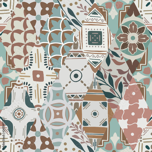 Colorful floral seamless hand drawn ornamental east pattern in patchwork boho chic style from rhomb, in portuguese and moroccan motif