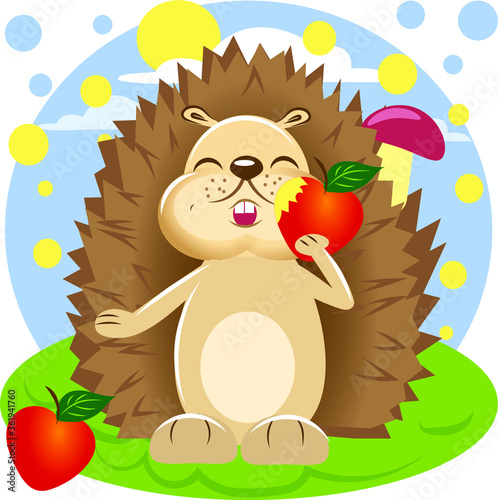 Cute, cartoon hedgehog nibbles an Apple. Vector illustration design.