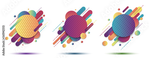 Set of abstract colorful geometric pattern composition rounded line shapes diagonal transition on white background