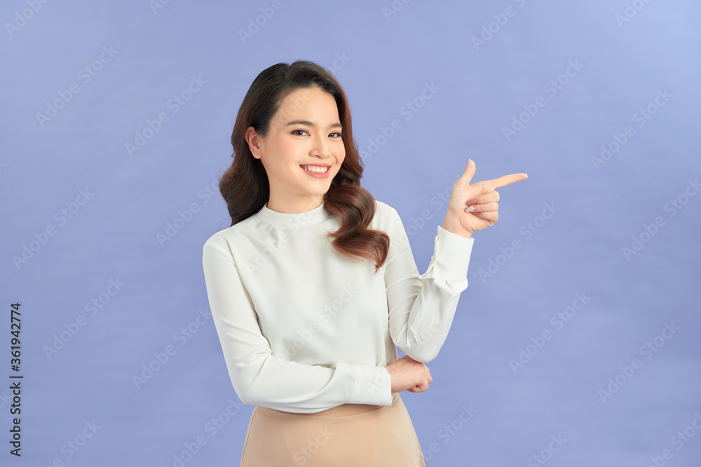 Excited cheerful cute modern girl pointing upper left, smiling amused discuss with girlfriend amazing promotion Excited cheerful cute modern girl pointing upper left, smiling amused discuss with girlfriend amazing promotion