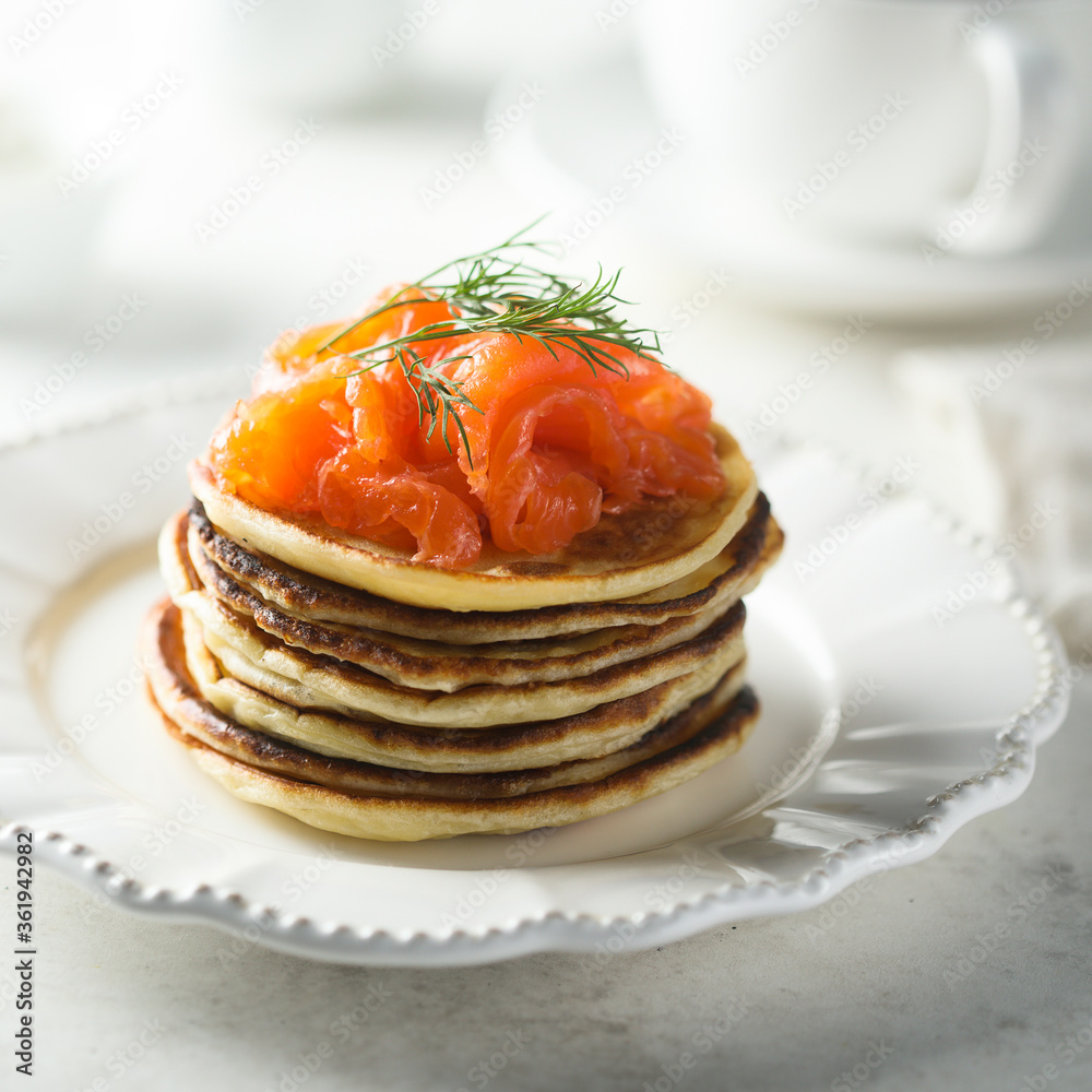 Smoked salmon pancakes with fresh dill Smoked salmon pancakes with fresh dill