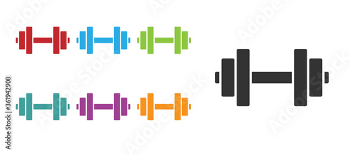 Black Dumbbell icon isolated on white background. Muscle lifting icon, fitness barbell, gym, sports equipment, exercise bumbbell. Set icons colorful. Vector Illustration.