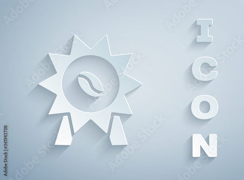 Paper cut Medal for coffee icon isolated on grey background. Premium quality coffee badge. Paper art style. Vector Illustration.
