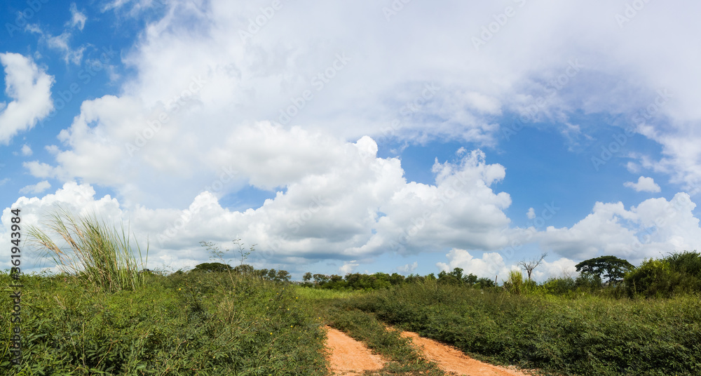 Panoramic view of backcountry with road and blue sky background