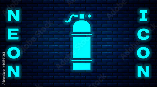 Glowing neon Aqualung icon isolated on brick wall background. Oxygen tank for diver. Diving equipment. Extreme sport. Sport equipment. Vector Illustration.