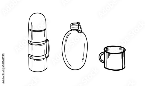 Vector image of a thermos, flask, or mug. Thermos Hiking, military. Zero waste. Hot drink. A flask for drinks. metal mug. Metal object.