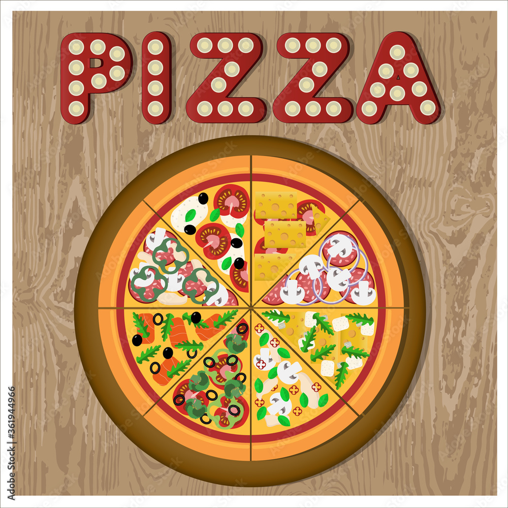 Flat illustration of assorted pizza on a wooden platter. illustration of a round pizza divided into different pieces. Vegetarian pizza, salami, salmon, chicken, cheese and mushrooms. Poster for menu Flat illustration of assorted pizza on a wooden platter. illustration of a round pizza divided into different pieces. Vegetarian pizza, salami, salmon, chicken, cheese and mushrooms. Poster for menu